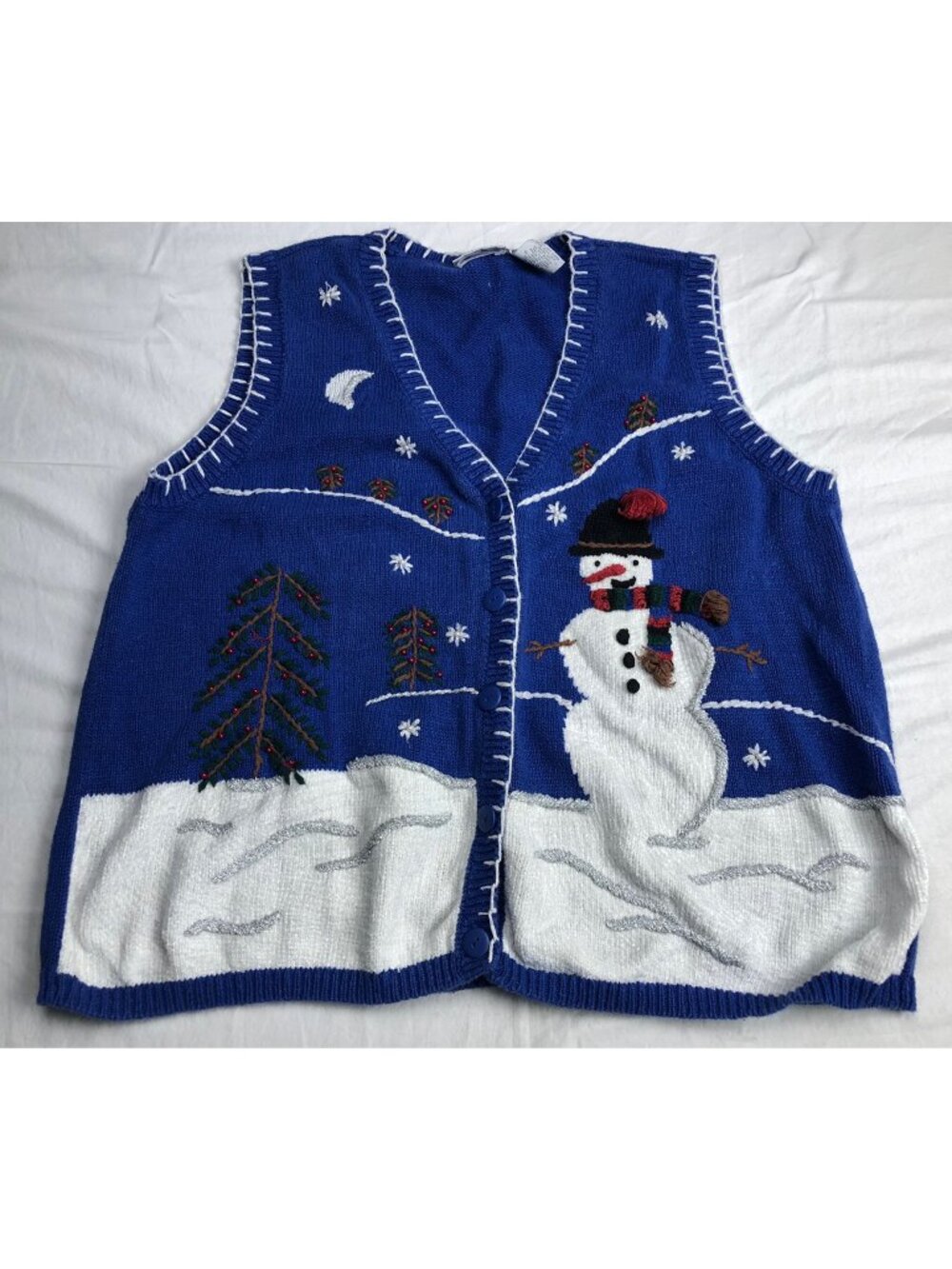 Capacity Women Vest Sweater Christmas Knit Button Blue Embroidered Size XL